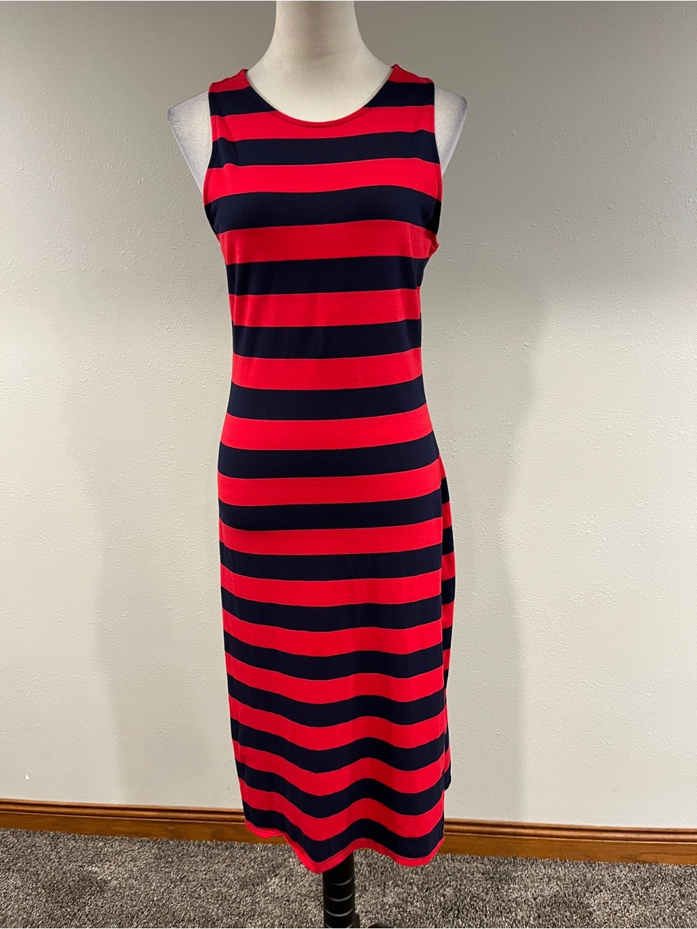 A New Day Sleeveless Red & Navy Striped Midi Dress